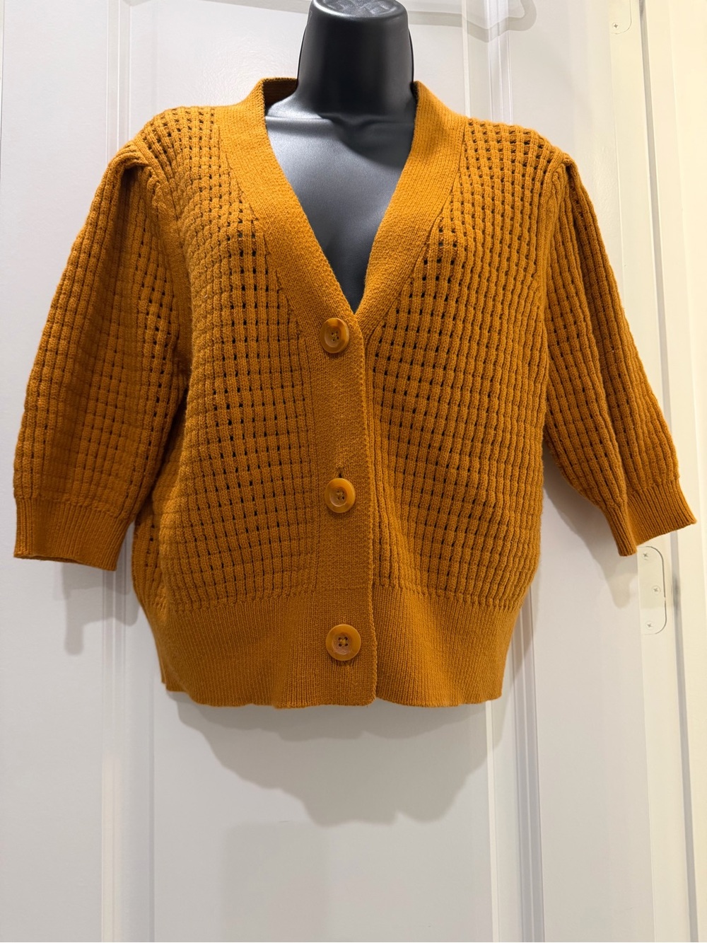 A New Day Mustard Yellow Open Knit Button Front Cardigan Sweater Small
